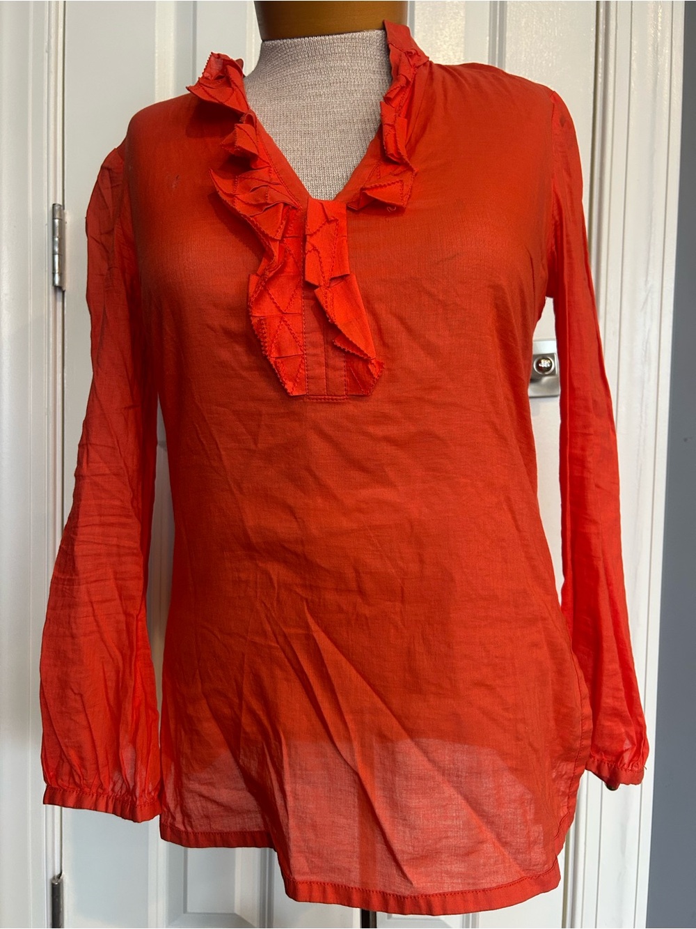 Tory Burch Bright Orange Ruffle V-Neck Long Sleeve Blouse